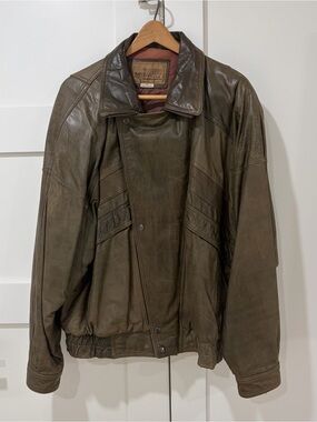 Vintage Midway Brown Genuine Leather Bomber Moto Jacket Size 42 Made in Korea